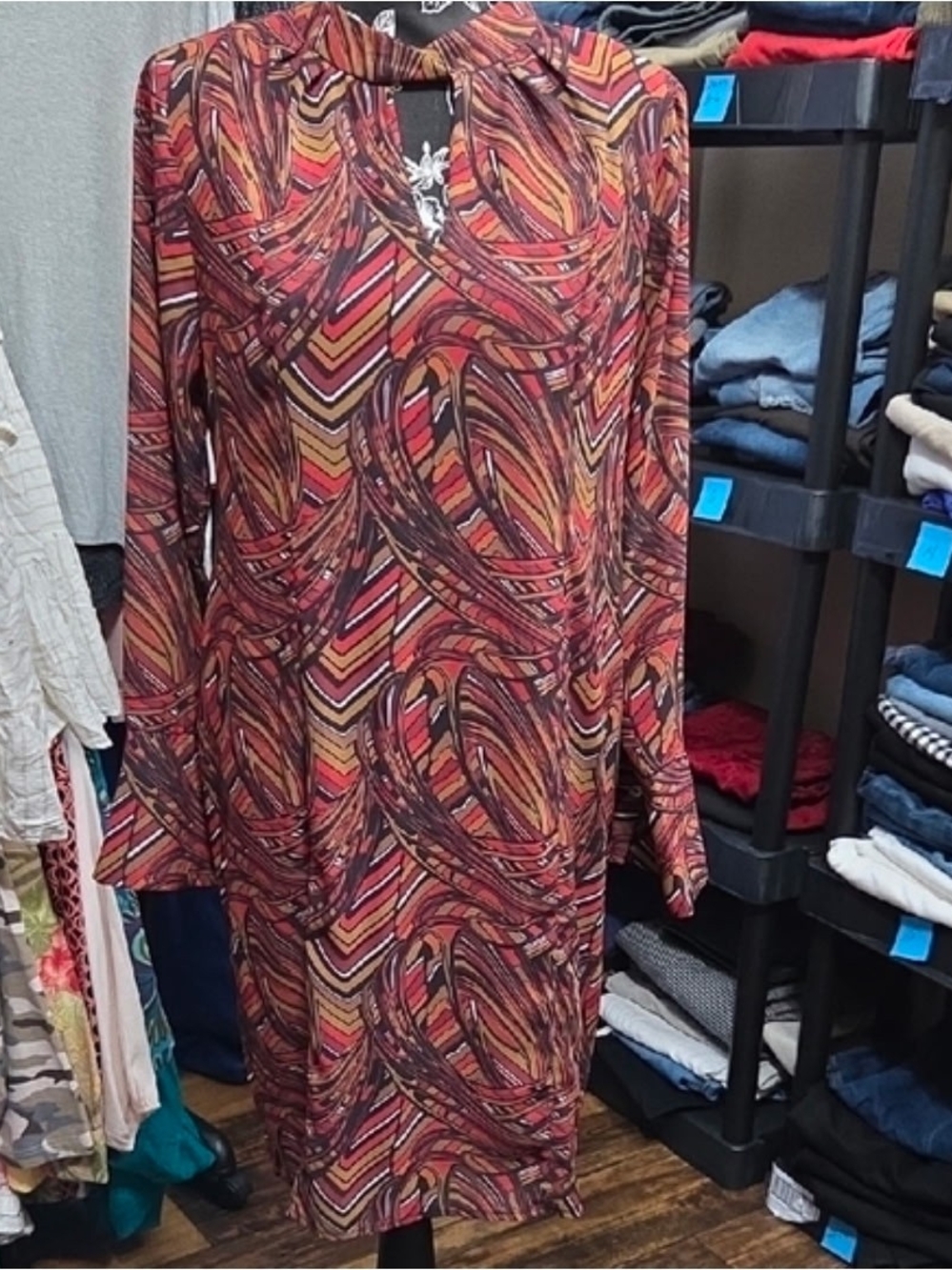Women's Long-Sleeve Swirl Print Dress in Red and Rust
